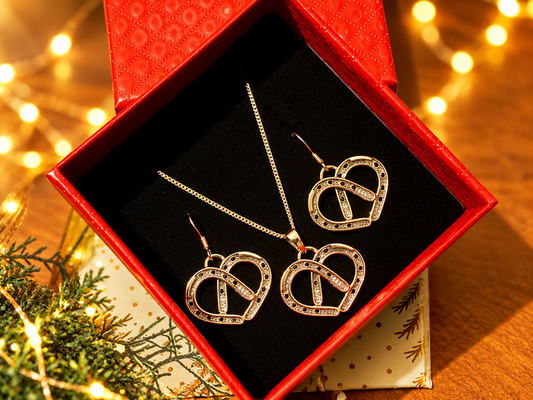 Double Horseshoe Heart Earrings and Pendant Equestrian Jewelry Set