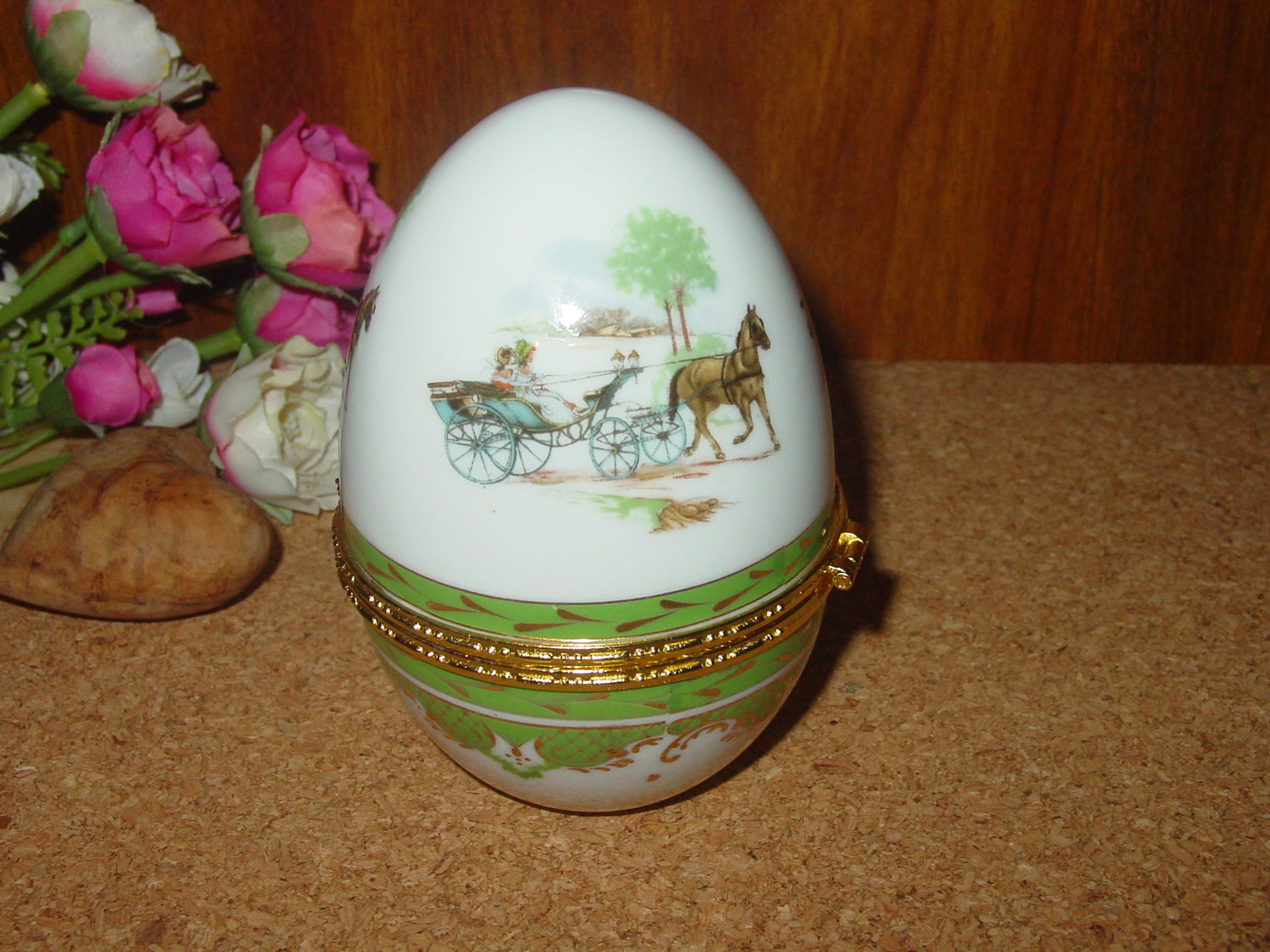 Equestrian Porcelain Horse and Carriage Egg Storage
