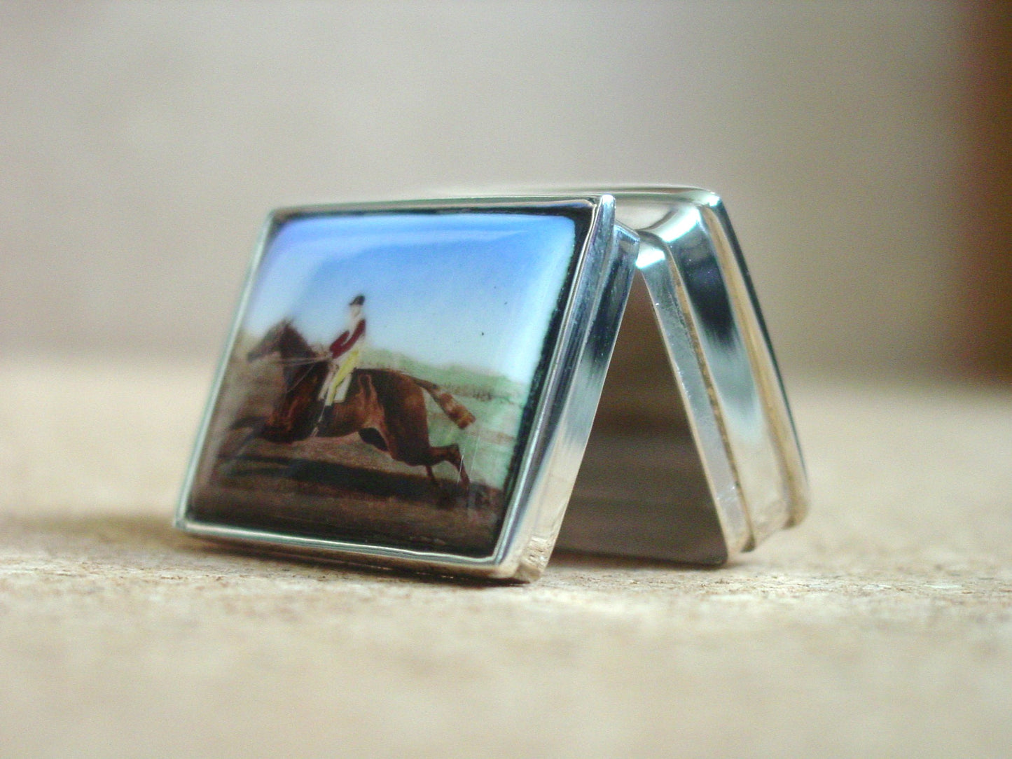 Horse Race  Enamel Sterling Silver Pill Box