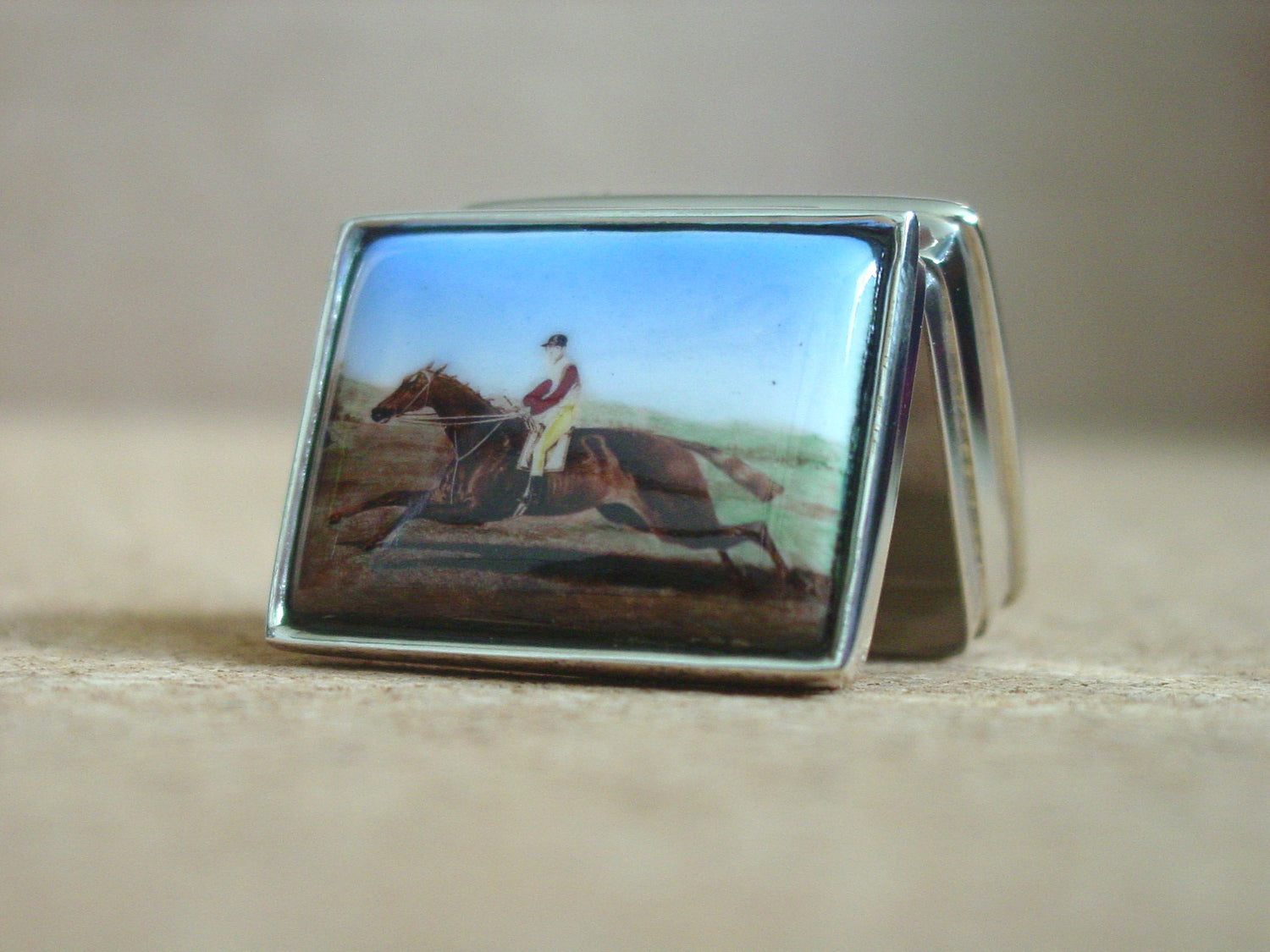 Horse Race Enamel Sterling Silver Pill Box