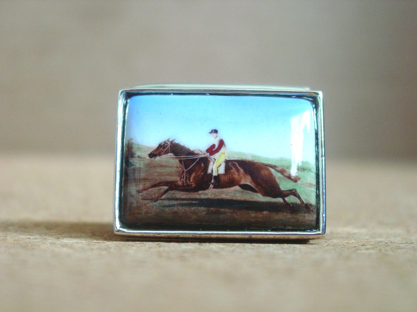 Horse Race and Riding Enamel Silver Pill Box