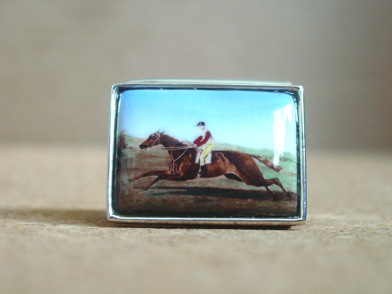 Horse Race and Riding Enamel Silver Pill Box