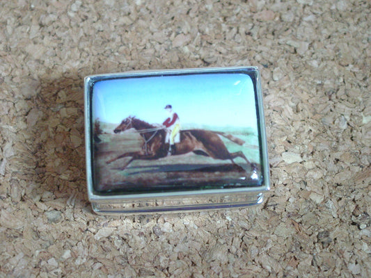 Horse Race and Riding Enamel Sterling Silver Pill Box