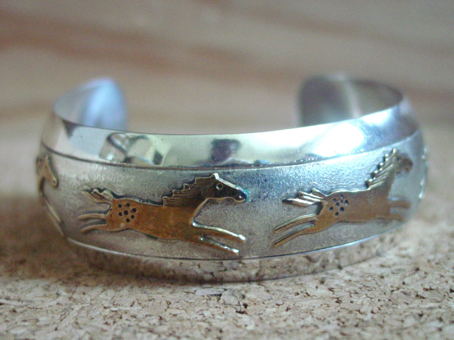 Navajo Virgil Reeder Running Horse Sterling Silver Cuff Bracelet Gold