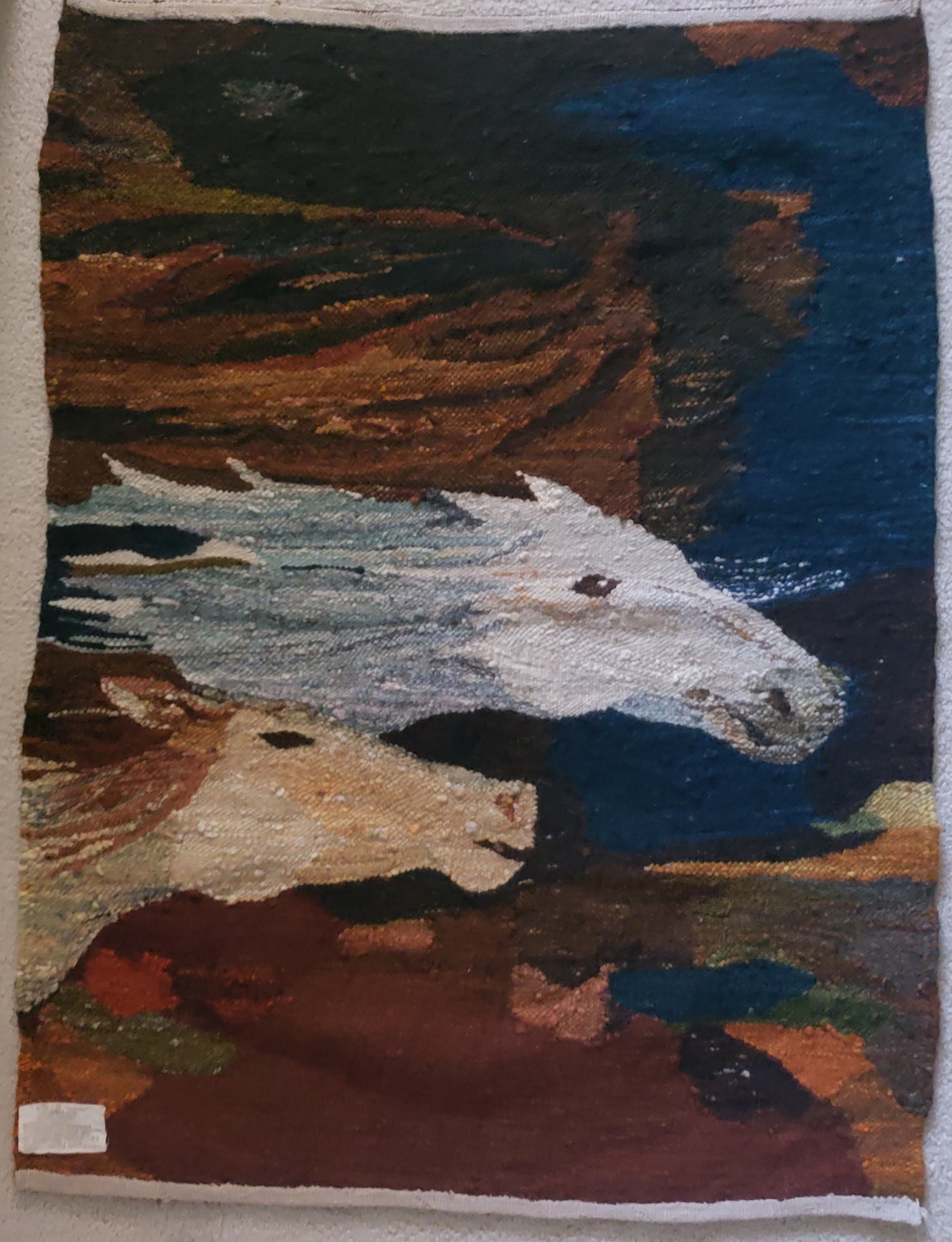 Polish handwoven gobelin tapestry titled "Konie" Polish for "Horses