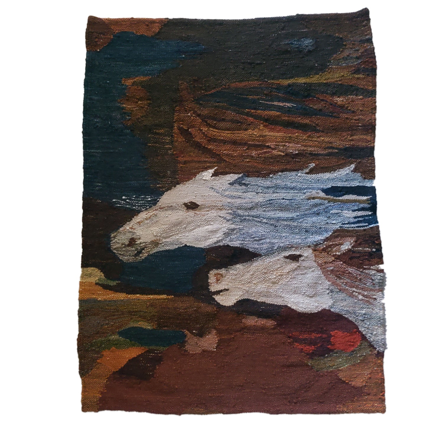 Polish handwoven gobelin (tapestry) titled "Konie" (Polish for "Horses"), created in 1976