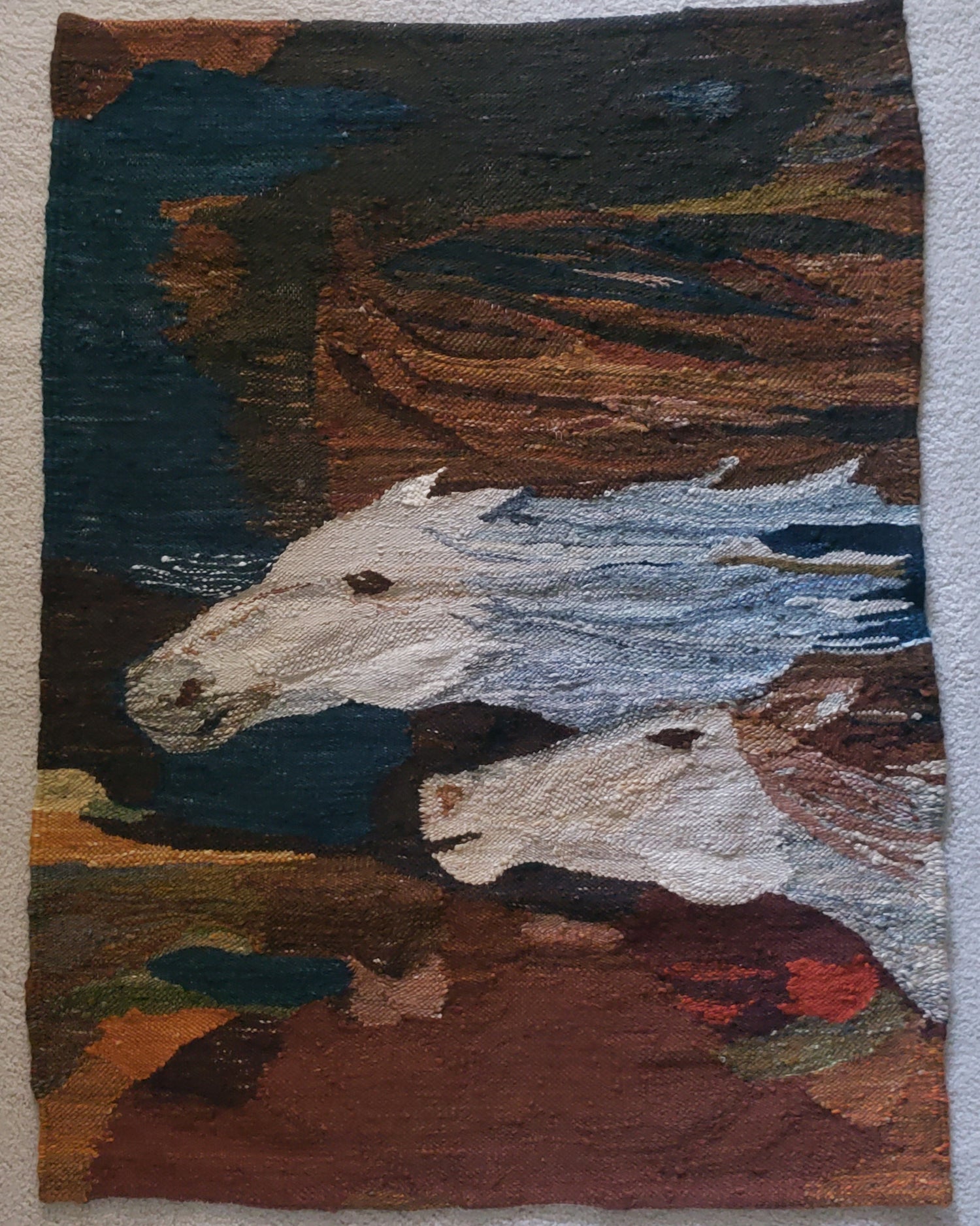 Polish handwoven gobelin (tapestry) titled "Konie" (Polish for "Horses"), created in 1976