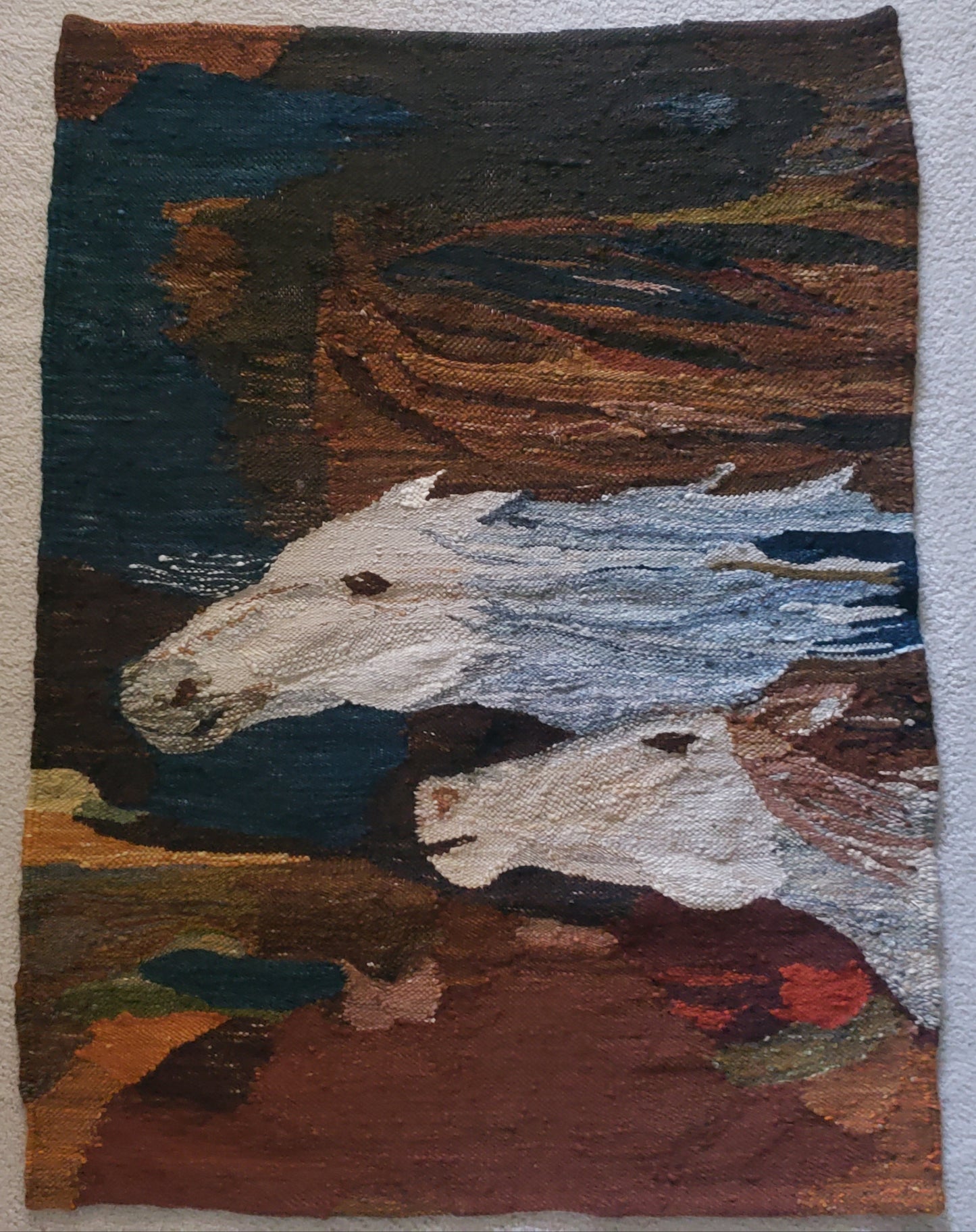 Polish handwoven gobelin (tapestry) titled "Konie" (Polish for "Horses"), created in 1976 b