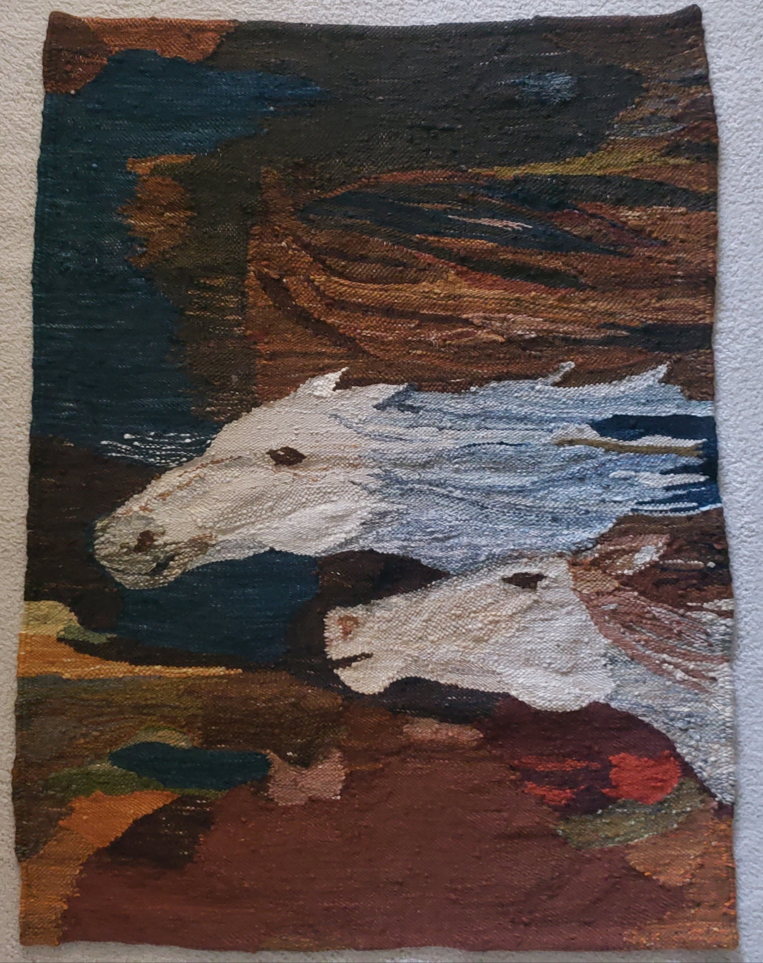 Polish handwoven gobelin (tapestry) titled "Konie" (Polish for "Horses"), created in 1976 b