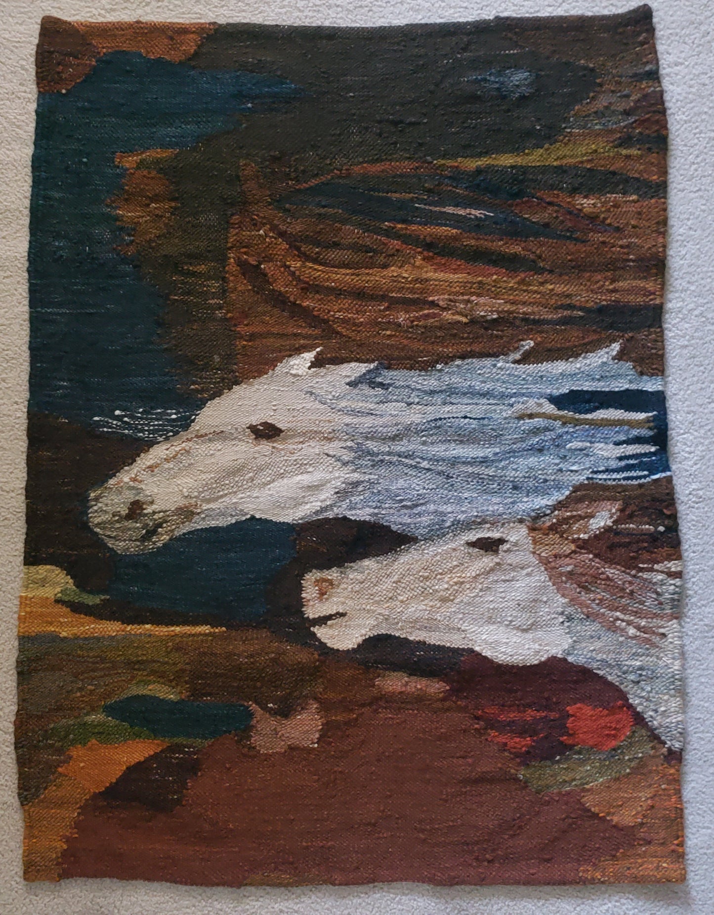 Polish handwoven gobelin (tapestry) titled "Konie" (Polish for "Horses"), created in 1976 c
