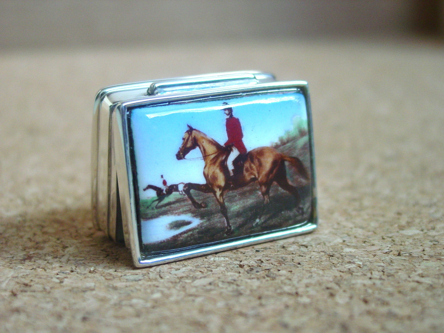 equestrian silver enamel pill box