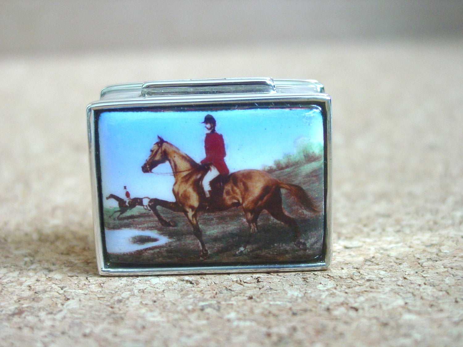equestrian sterling silver enamel pill box
