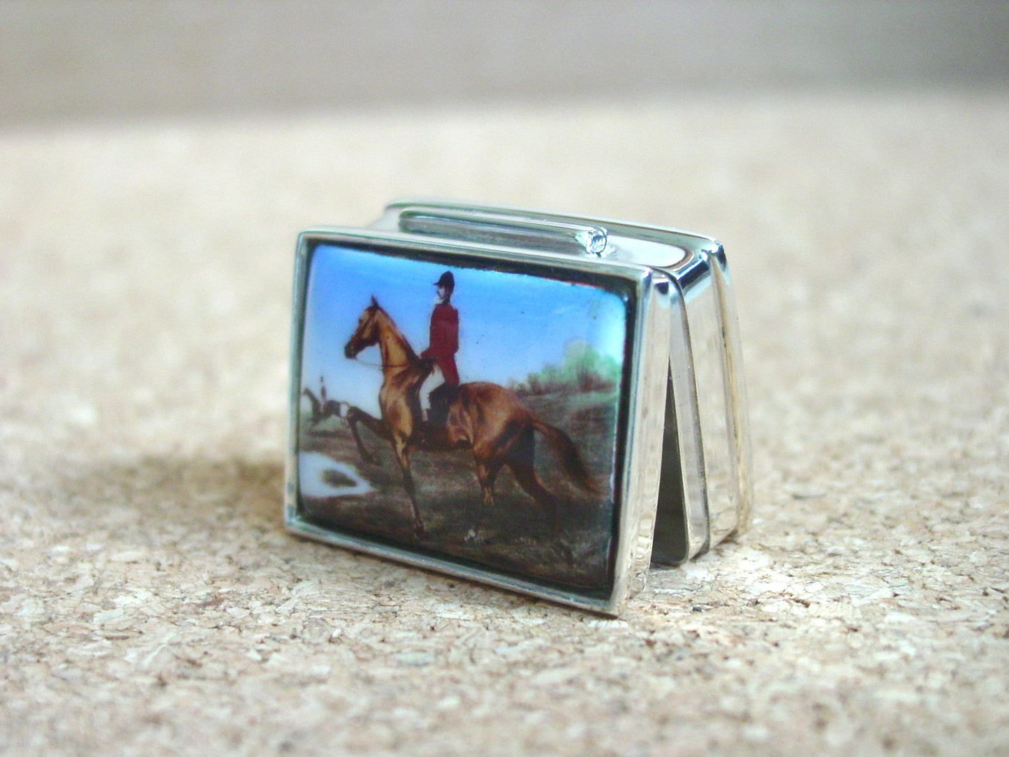 equestrian sterling silver enamel pillbox