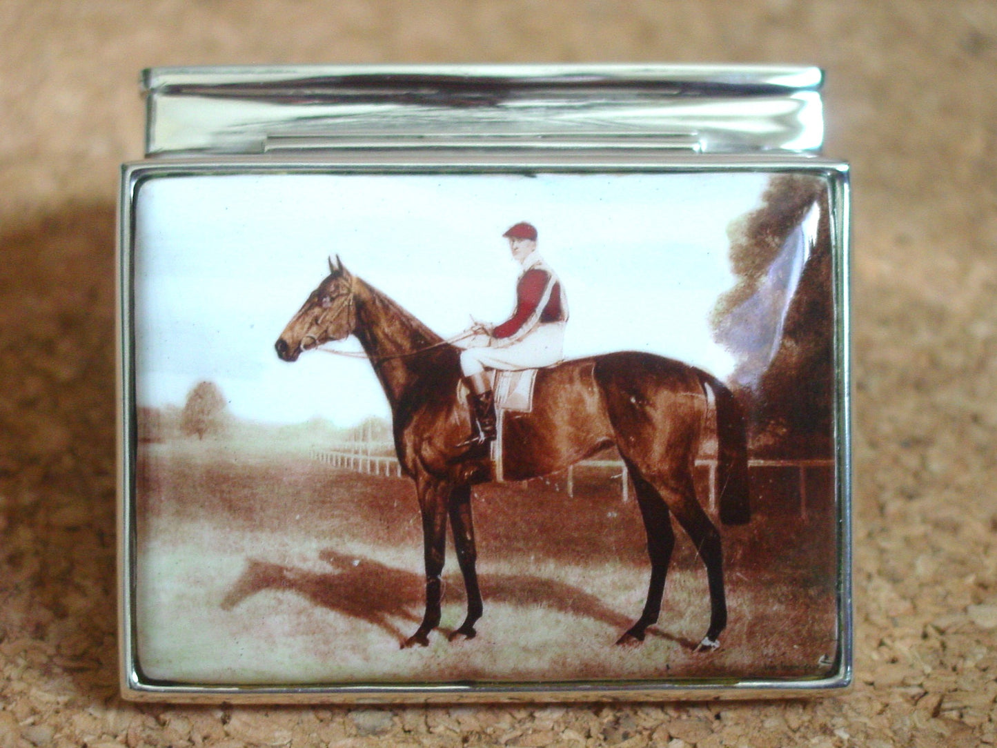 horse and rider enamel sterling silver Pill box
