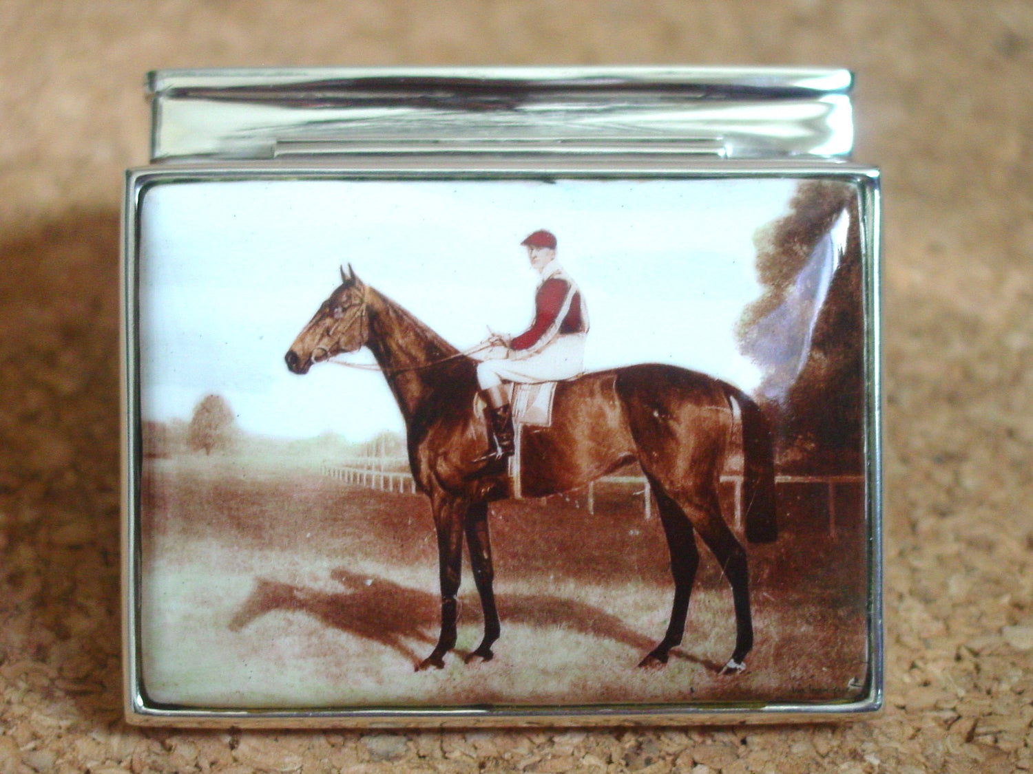 horse and rider enamel sterling silver Pill box