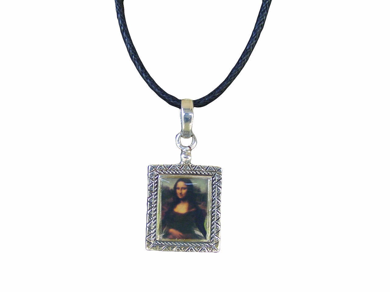 Mona Lisa Enamel Picture Frame Pendant Sterling Silver Jewelry Cord