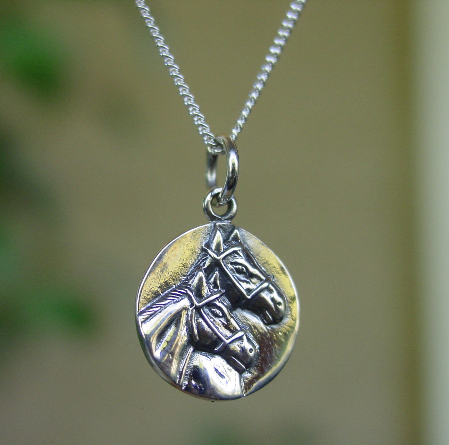 Double Horse Head Pendant Sterling Silver, Equestrian Jewelry #P444