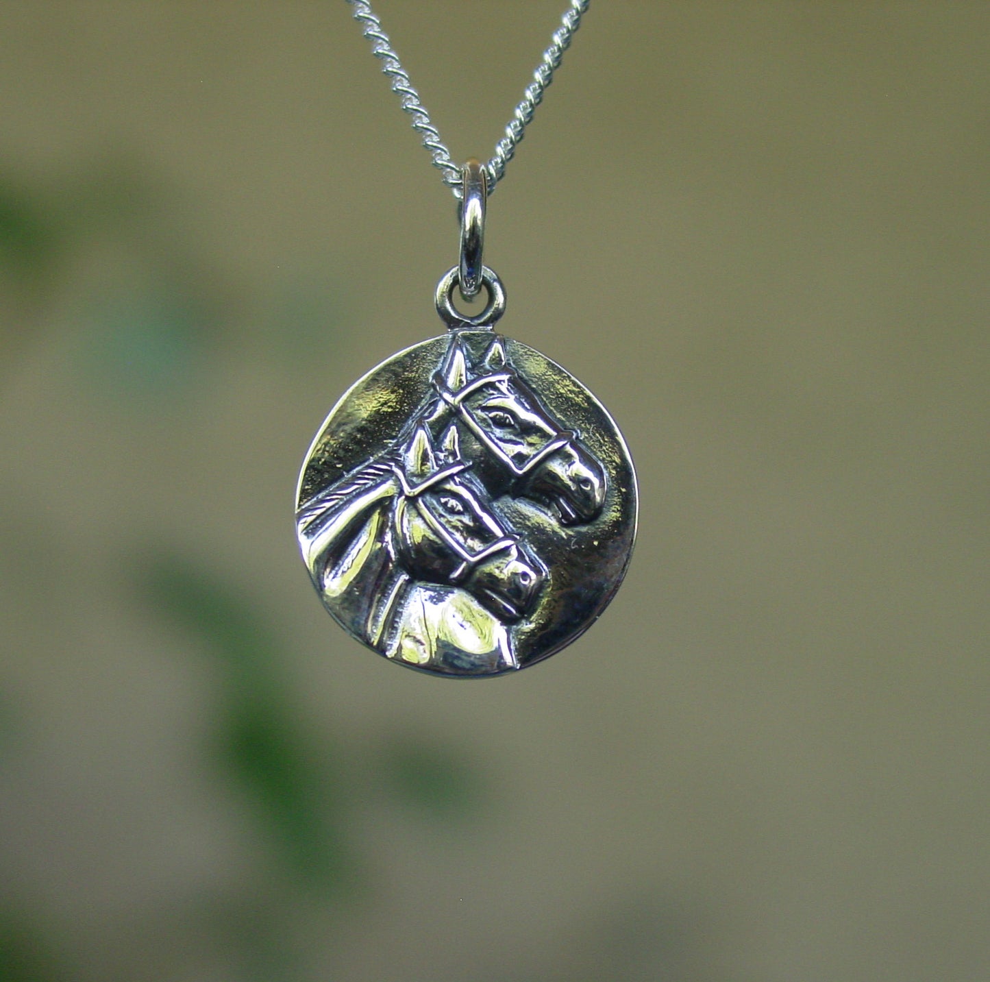 Double Horse Head Pendant Sterling Silver, Equestrian Jewelry #P444