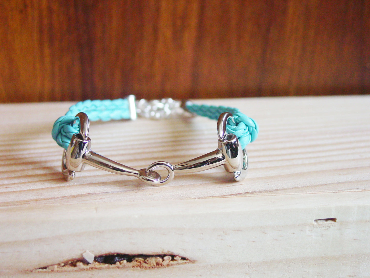 silver bit blue leather bracelet