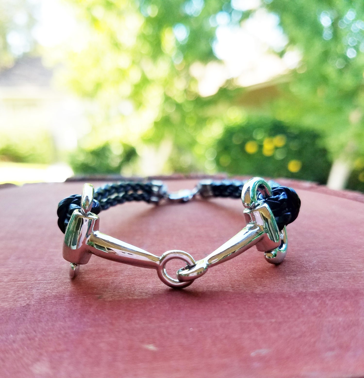 snaffle bit black leather bracelet